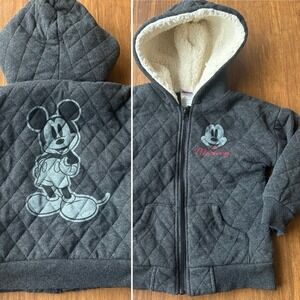 Mickey Mouse Quilted Jacket Boys 4T Gray Zip-Up Hoodie Sherpa Hood Disney